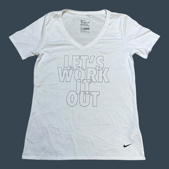 Nike M White Dri-Fit Tee "Lets Work It Out" Athletic Cut V Neck Womens Gym Shirt - Picture 1 of 5